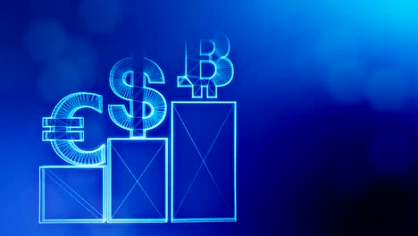 Signs-of-Bitcoin-dollar-and-euro-on-columns.-Financial-background-made-of-glow-particles-as-vitrtual-hologram.-Shiny-3D-loop-animation-with-depth-of-field,-bokeh-and-copy-space.-Blue-background-1