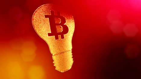 Zeichen-von-Bitcoin-im-Inneren-der-Lampe.-Finanzieller-Hintergrund-aus-Glühen-Teilchen-als-Vitrtual-Hologramm.-Glänzende-Schleife-3D-Animation-mit-Tiefe-Feld,-Bokeh-und-Kopie.-Roten-Hintergrund-v1