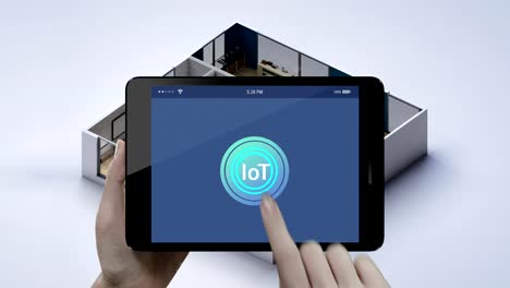 Haus-zeichnen-Plan,-Licht-auf-aus-Energieeinsparung-Effizienzkontrolle-in-smart-Pad,-Tablet,-Smart-Home,-Internet-der-Dinge.