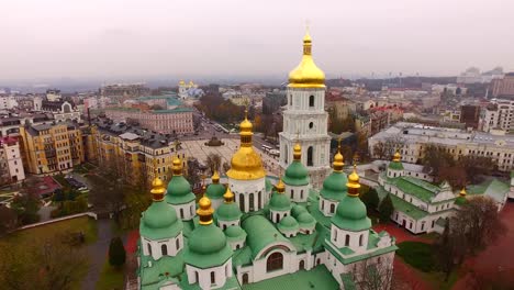 Aerial-view-Saint-Sophia-Cathedral-in-Kyiv.-Ukraine,-Europe.-Architectural,-religion-and-historical-monument-of-Kiev-in-autumn