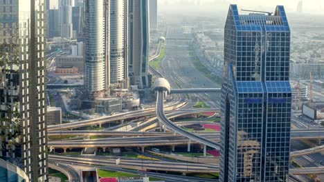 Traffic-on-a-busy-intersection-on-Sheikh-Zayed-highway-aerial-timelapse