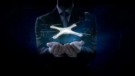 Businessman-opens-two-palms,-Rotating-Drone,-Quadrocopter,-with-futuristic-user-interface,-Virtual-graphic.-4k.