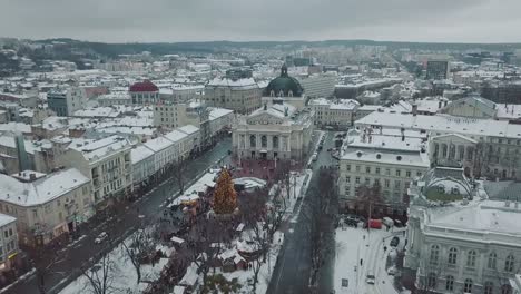 Lviv,-Ukraine.-Arial-shot.-Opera-house.-Christmas-tree.-Christmas-Fair.-People-are-walking-around-the-city-center.-Winter