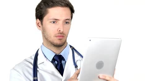 Young-Doctor-Using-Tablet-on-White-Background