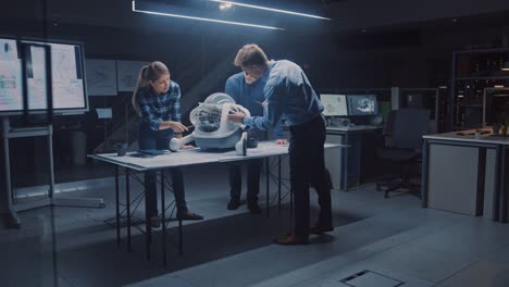 Late-at-Night-in-Robotics-Engineering-Facility-Three-Technical-Engineers-Talk-and-Work-on-a-Wheeled-Robot-Prototype.-In-the-Background-High-Tech-Research-Center-with-Screens-Showing-Industrial-Design