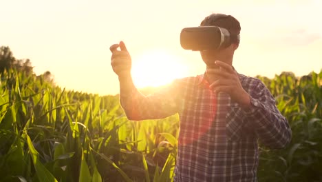 El-futuro-agricultor-utiliza-gafas-de-realidad-virtual-para-gestionar-las-plantaciones-de-maíz-y-controlar-la-calidad-de-las-plantas-al-atardecer-en-el-campo