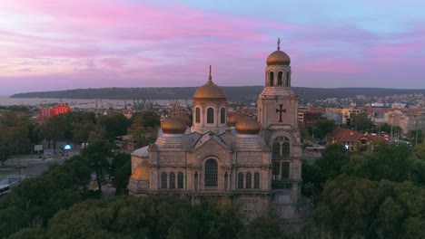 Varna-cityscape,-aerial-view-over-the-city-and-The-Cathedral-of-the-Assumption