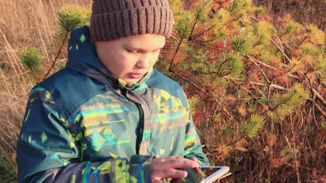 A-boy-against-the-background-of-a-red-green-plant-with-a-tablet-in-his-hands.