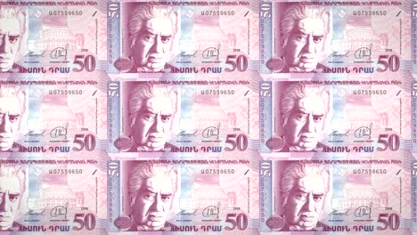 Banknotes-of-fifty-armenian-drams-of-the-bank-of-Armenia-rolling-on-screen,-coins-of-the-world,-cash-money,-loop