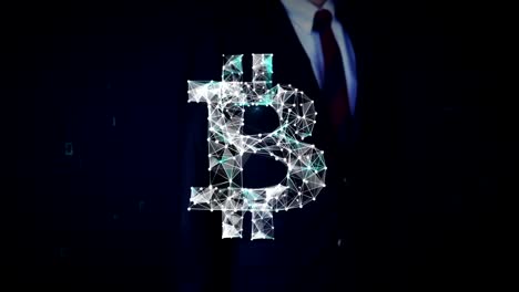 Businessman-touched-screen,-Numerous-dots-gather-to-create-a-Bitcoin-currency-sign,-low-polygon-web.