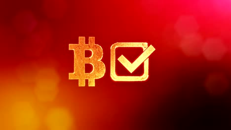 Logo-bitcoin-and-tick-in-the-box.-Financial-background-made-of-glow-particles-as-vitrtual-hologram.-Shiny-3D-loop-animation-with-depth-of-field,-bokeh-and-copy-space..-Red-background-v1.