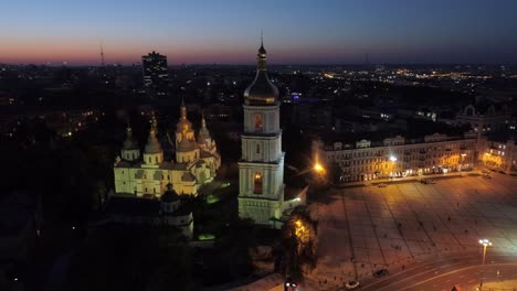 Orthodox-Sophia-Cathedral-and-Bell-tower-with-night-illumination.-Aerial-drone-shot.-Kiev-(Kyiv),-Ukraine