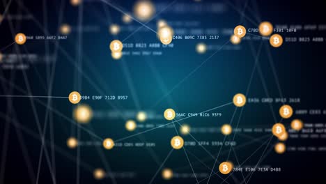 bitcoin-mining,-slow-moving-connected-bitcoin-symbols