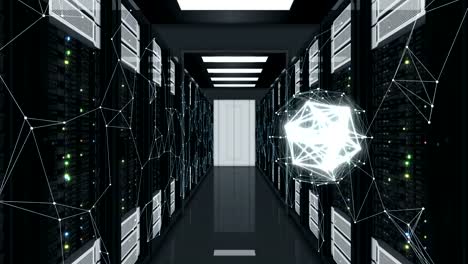 Hologram-Sphere-Moving-in-Working-Network-Creating-New-Links-and-Connections.-Looped-3d-Animation-of-Server-Racks.-Business-and-Futuristic-Technology-Concept.