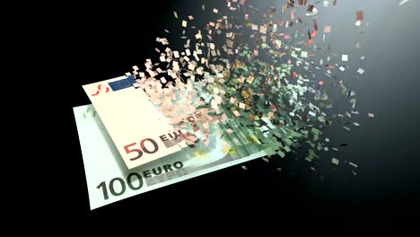 4K-3D-rendering-animation.-The-dematerialization-of-money,-Euros-are-dematerialized-on-a-black-background.