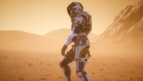 Astronaut-walks-on-the-surface-of-Mars-through-a-dust-storm.-Panoramic-landscape-on-the-surface-of-Mars.-Realistic-cinematic-animation.