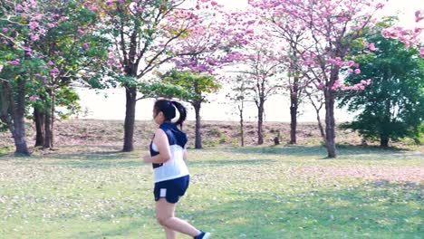 An-Asian-woman-jogging-in-natural-sunlight-in-the-morning.
She-is-trying-to-lose-weight-with-exercise.--concept-health-with-exercise.-Slow-Motion