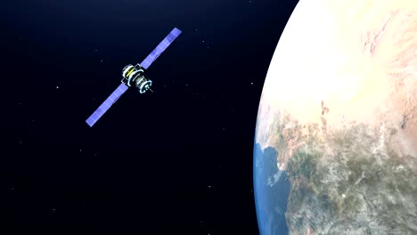 Satellit-fliegt-über-die-Erde-im-Weltraum,-4K-Auflösung-Video