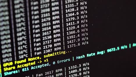 Status-output-of-cryptocurrency-mining-rig-on-old-dusty-screen,-hash-rate-reports-for-individual-graphics-cards
