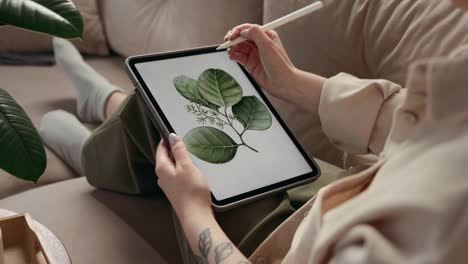 Artist-Drawing-Plants-at-Home-Room-or-Woman-Using-Tablet-and-Pen-for-Digital-Art