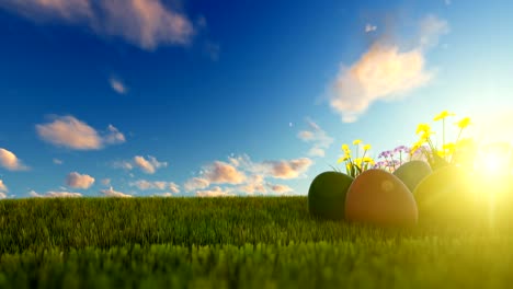 Colorful-Easter-eggs-on-green-meadow-over-beautiful-sunset