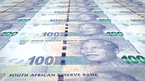 Banknoten-der-hundert-südafrikanische-Rand-von-Südafrika,-Bargeld,-Schleife