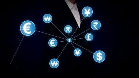 Empresaria-tocar-el-símbolo-de-moneda-diferentes,-muchos-puntos-se-reúnen-para-crear-un-signo-de-moneda,-puntos-hace-mundial-mapa,-internet-de-las-cosas.-tecnología-financiera