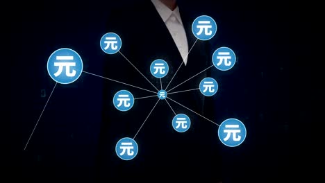 Empresaria-tocar-símbolo-de-moneda-Yuan,-numerosos-puntos-se-reúnen-para-crear-una-moneda-de-libra-muestra,-puntos-hace-mundial-mapa,-internet-de-las-cosas.-tecnología-financiera