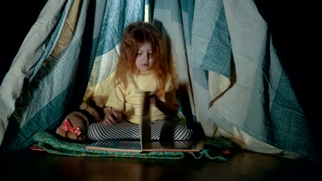 Little-cute-girl-in-teepee-tent-in-bedroom-evening.