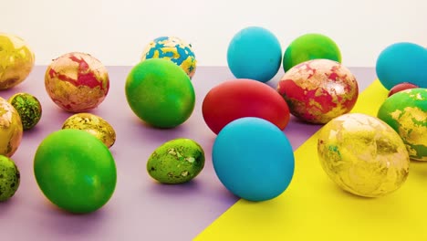 Easter-eggs-lie-on-a-bright-yellow-and-pink-background.