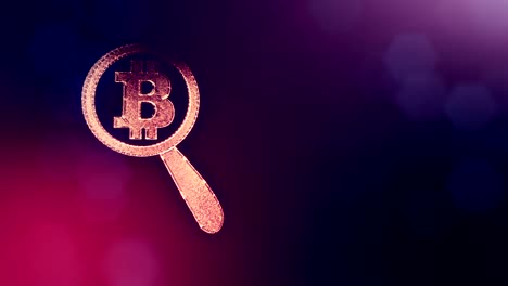 Sign-of-bitcoin-under-a-magnifying-glass.-Financial-background-made-of-glow-particles-as-vitrtual-hologram.-Shiny-3D-loop-animation-with-depth-of-field,-bokeh-and-copy-space.-Violet-color-v2