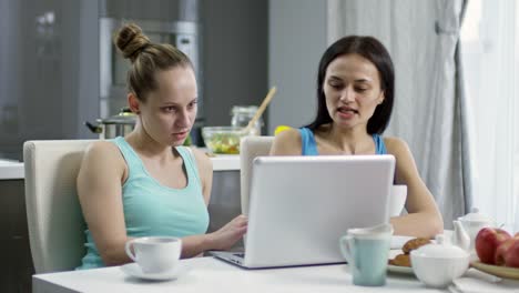 Weibliches-Paar-mit-Laptop-mit-Frühstück