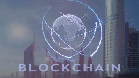 Blockchain-Text-mit-3d-Hologramm-des-Planeten-Erde-vor-dem-Hintergrund-der-modernen-Metropole