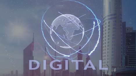 Digital-text-with-3d-hologram-of-the-planet-Earth-against-the-backdrop-of-the-modern-metropolis