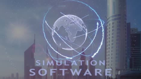 Simulation-Software-Text-mit-3d-Hologramm-des-Planeten-Erde-vor-dem-Hintergrund-der-modernen-Metropole