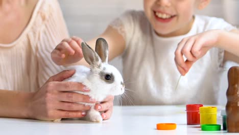 Tochter-und-Mutter-in-Stirnbänder-mit-Hasenohren,-kleine-weiße-Kaninchen-streicheln