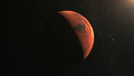 Mars.-Die-Kamera-nähert-sich-Planet.-Blick-aus-dem-Weltraum.-Stars-funkeln.-4K.-Die-Sonne-scheint-von-oben-rechts.-Der-Mars-wird-von-der-Sonne-zur-Hälfte-beleuchtet.