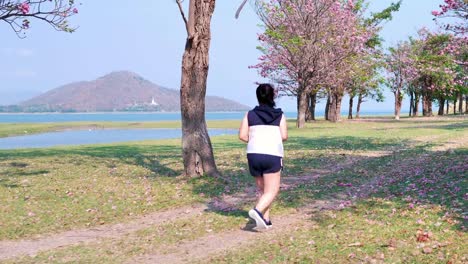 An-Asian-woman-jogging-in-natural-sunlight-in-the-morning.
She-is-trying-to-lose-weight-with-exercise.--concept-health-with-exercise.-Slow-Motion