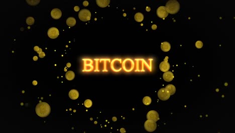 Bitcoin-mit-Bitcoins-fliegt-in-die-Kamera-auf-schwarzem-Hintergrund-mit-einer-Tiefe-von-Feldern.-4K