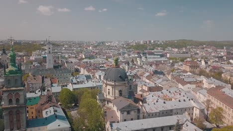 Aerial-City-Lviv,-Ukraine.-European-City.-Popular-areas-of-the-city.-Dominican