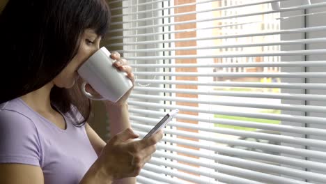 Mujer-joven-de-pie-con-el-teléfono-inteligente-por-la-ventana-en-casa.-Una-chica-seria-y-de-cerca-mirando-por-la-ventana-usa-un-teléfono-inteligente.-Mensaje-de-texto,-navegación-en-línea,-aplicación,-red-social.