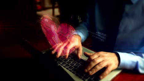 Hombre-escribiendo-en-el-teclado-con-holograma-símbolo-del-corazón