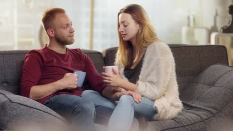 Sweet-young-couple-discussing-things-on-couch-while-drinking-tea