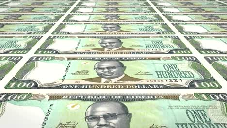 Banknotes-of-one-hundred-dollar-liberians-of-Liberia-rolling,-cash-money,-loop