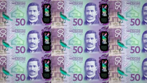 Banknotes-of-fifty-dollars-of-New-Zealand-rolling,-cash-money,-loop