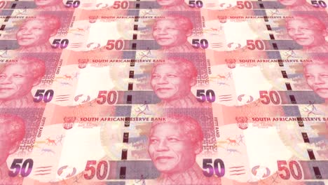 Banknoten-der-fünfzig-südafrikanischen-Rands-von-Südafrika,-Bargeld,-Schleife