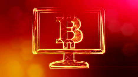 Bitcoin-insignia-dentro-del-monitor.-Fondo-financiero-hecho-de-partículas-de-brillo-como-holograma-vitrtual.-Animación-loop-3D-brillante-con-la-profundidad-de-campo,-bokeh-y-copia.-Fondo-rojo-v1.