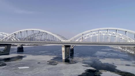 Aerial-view-of-the-Kiev-city,-Ukraine.-Dnieper-river-with-bridges.-Darnitskiy-bridge