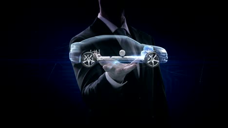 Businessman-opens-palm,-Electronic,--ion-battery-echo-car.-Charging-car-battery.-Battery-level-check,-future-car.-side-around-view.-4k-movie.