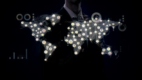 Businessman-touching-Dots,-connecting-line,-dots-makes-global-world-map,-internet-of-things.-4k-movie.